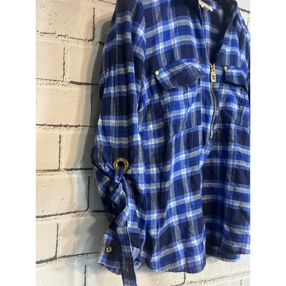 Michael Kors Womens Blue Plaid Quarter Zip Roll Tab Sleeve Top Size Large